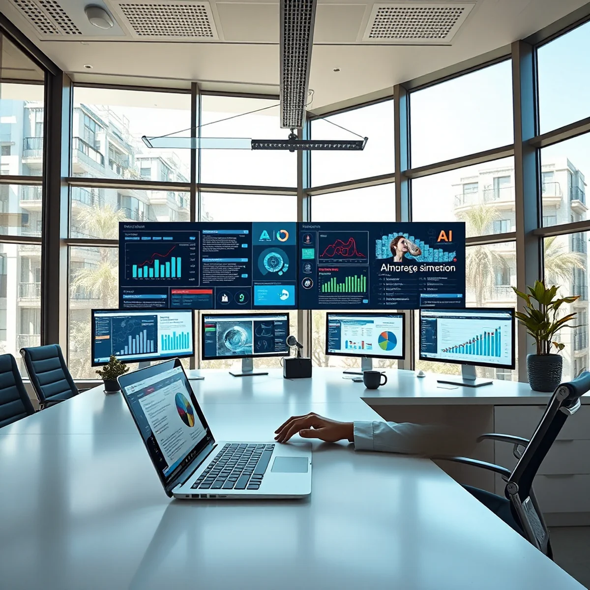 A scene of modern office workers boosting efficiency using AI tools, with a person seated by a window flooded with natural light and multiple digital screens displaying AI-generated content.
