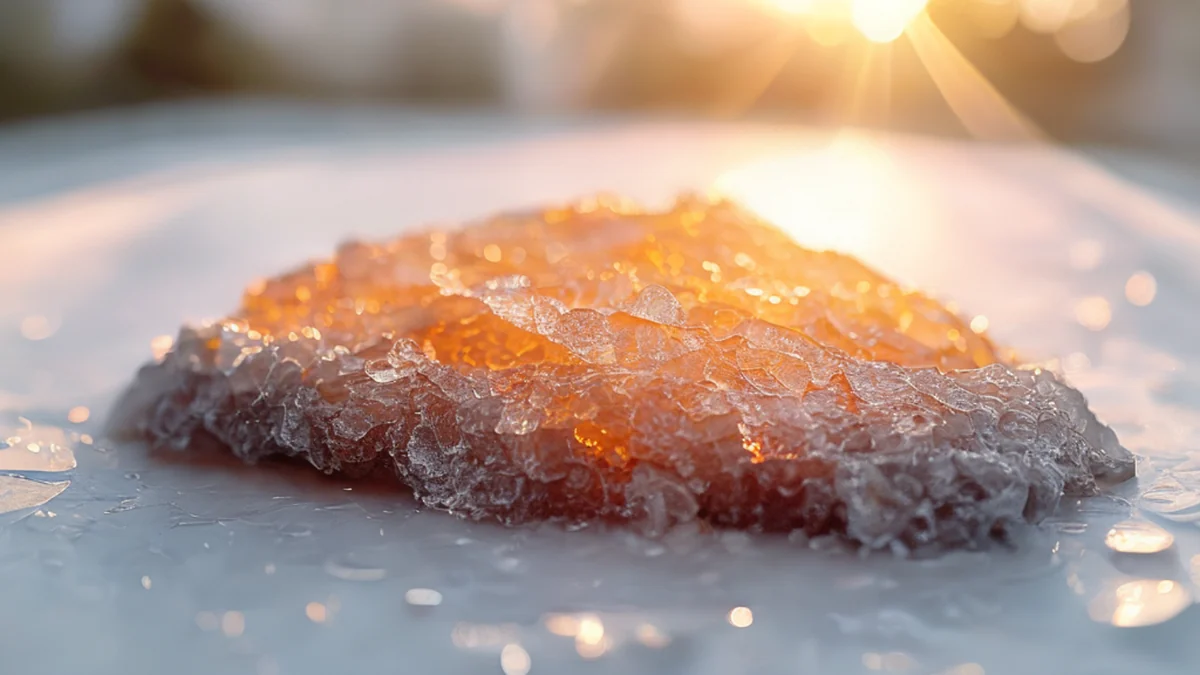 Une lave pâle, froide, brillante, sur une table blanche sous l'heure dorée, champ de profondeur faible, réalisme photo, détails élevés