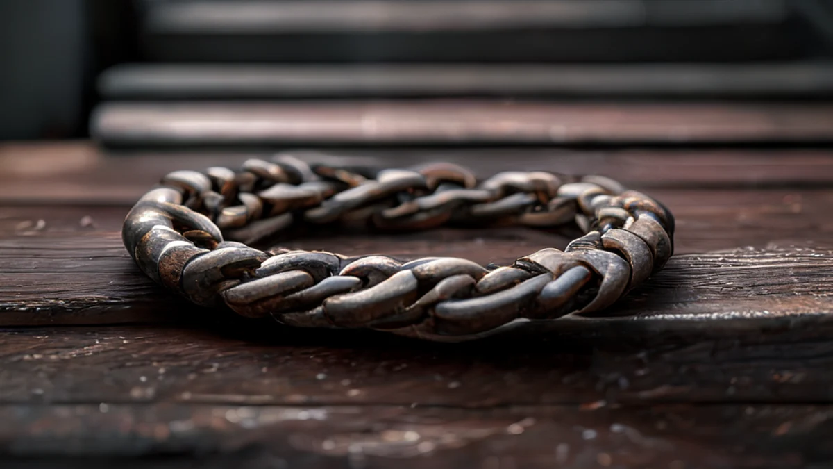 Catena ossidata, centrale, superficie scura, scale di legno, studio softbox, profondità di campo bassa, fotorealistica, dettagli elevati