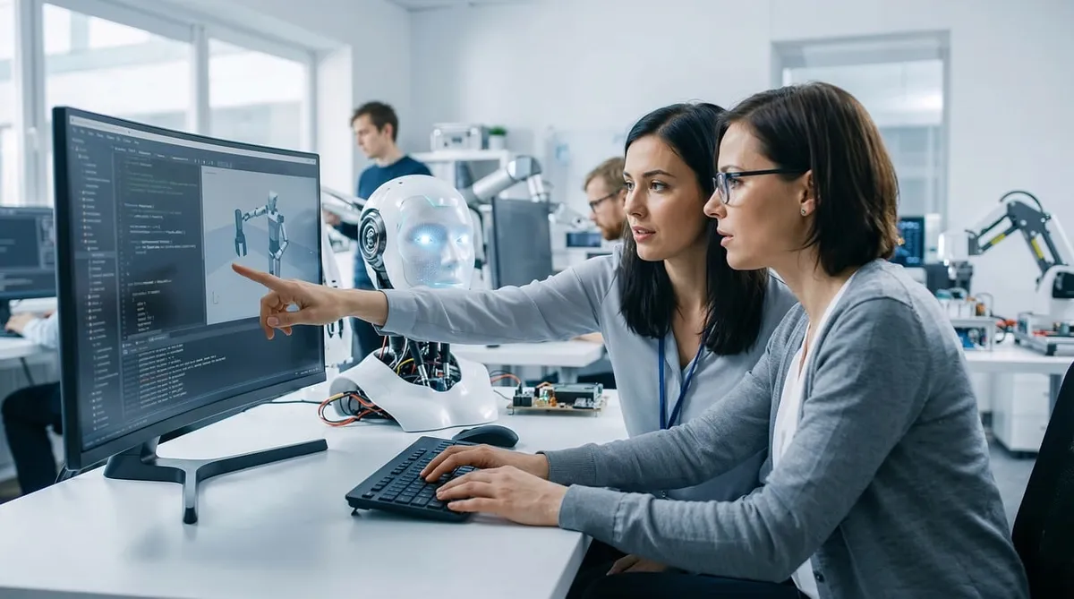 ai, robot, technology, coding, laboratory, development, women, engineering, collaboration, future, innovation, software, research, science, tech, workplace, mac