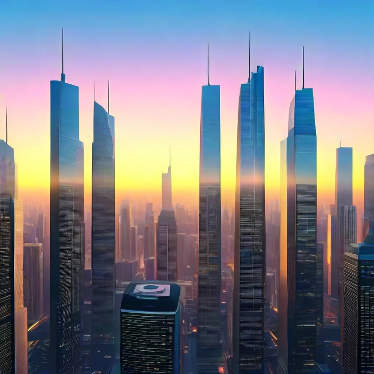 Futuristic cityscape with holographic video interface elements