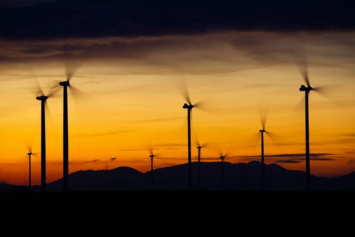 wind turbines, silhouettes, blue sky, sunset, dusk, nature, twilight, renewable energy, wind power, energy, blue, environmental technology, rotor, power generat