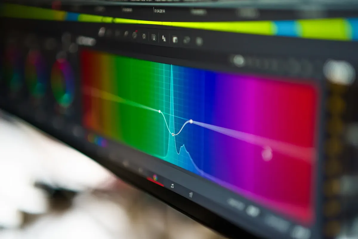 Close-up of a colorful video editing and color grading software interface on a computer screen.